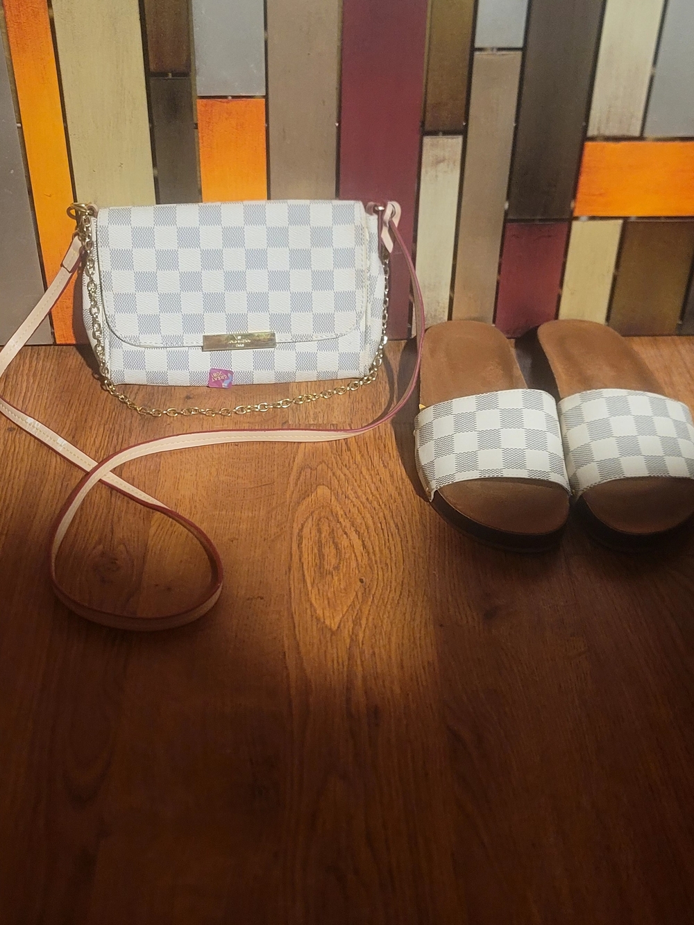 White Checkered Crossbody Bag with Pink Strap